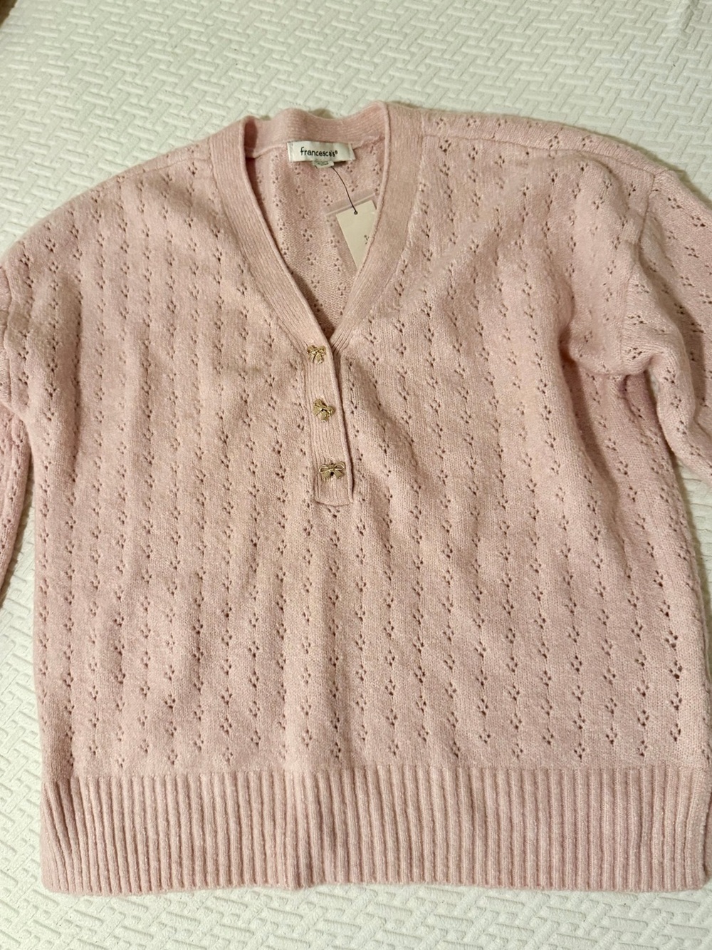 Francesca's Collections Pastel Pink V-Neck Knit Sweater with Button Placket